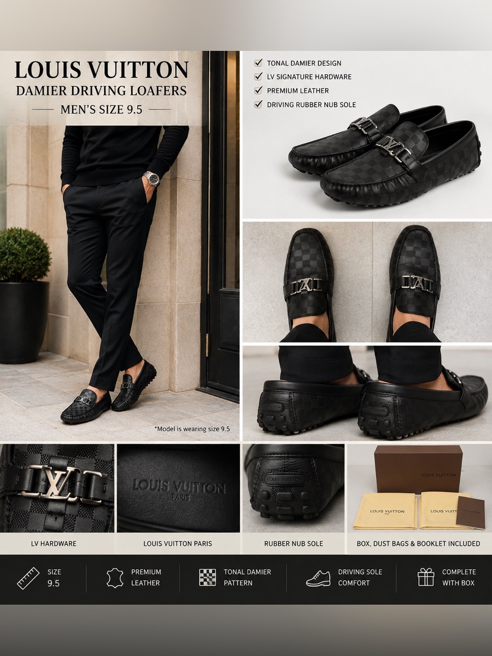 Louis Vuitton Men’s Damier Black Leather Driving Loafers Moccasins Shoes 9.5 Box